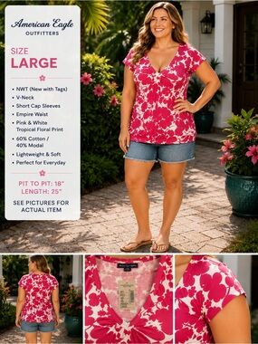 NWT American Eagle Outfitters Pink & White Tropical Floral V-Neck Top Large